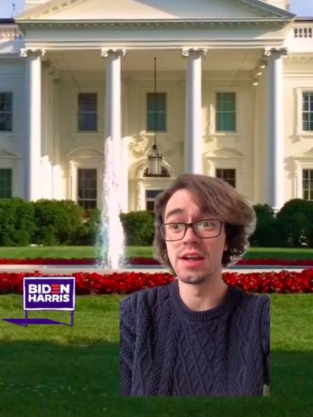 A person green-screened in front of the White House, with a Biden sign on the front lawn.